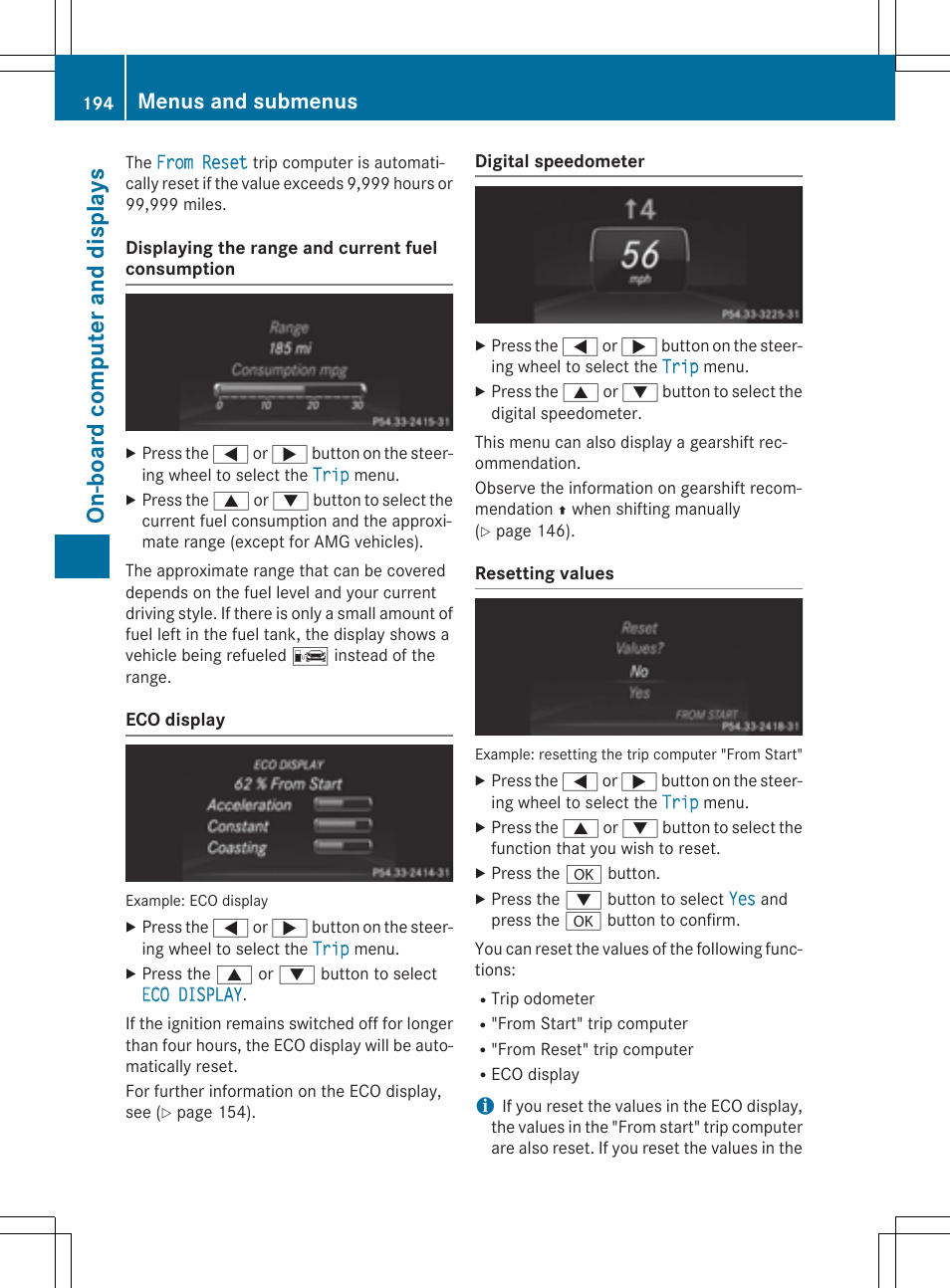 On-board computer and display s, Menus and submenus | Mercedes-Benz C-Coupe 2015 Owners Manual User Manual | Page 196 / 354