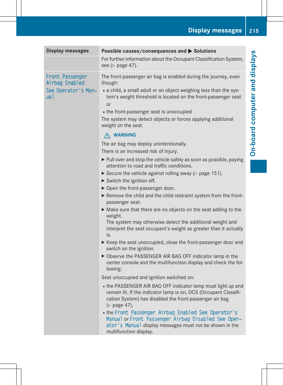 On -b oar d comp ut er an d di sp lay s, Display messages | Mercedes-Benz C-Coupe 2015 Owners Manual User Manual | Page 217 / 354