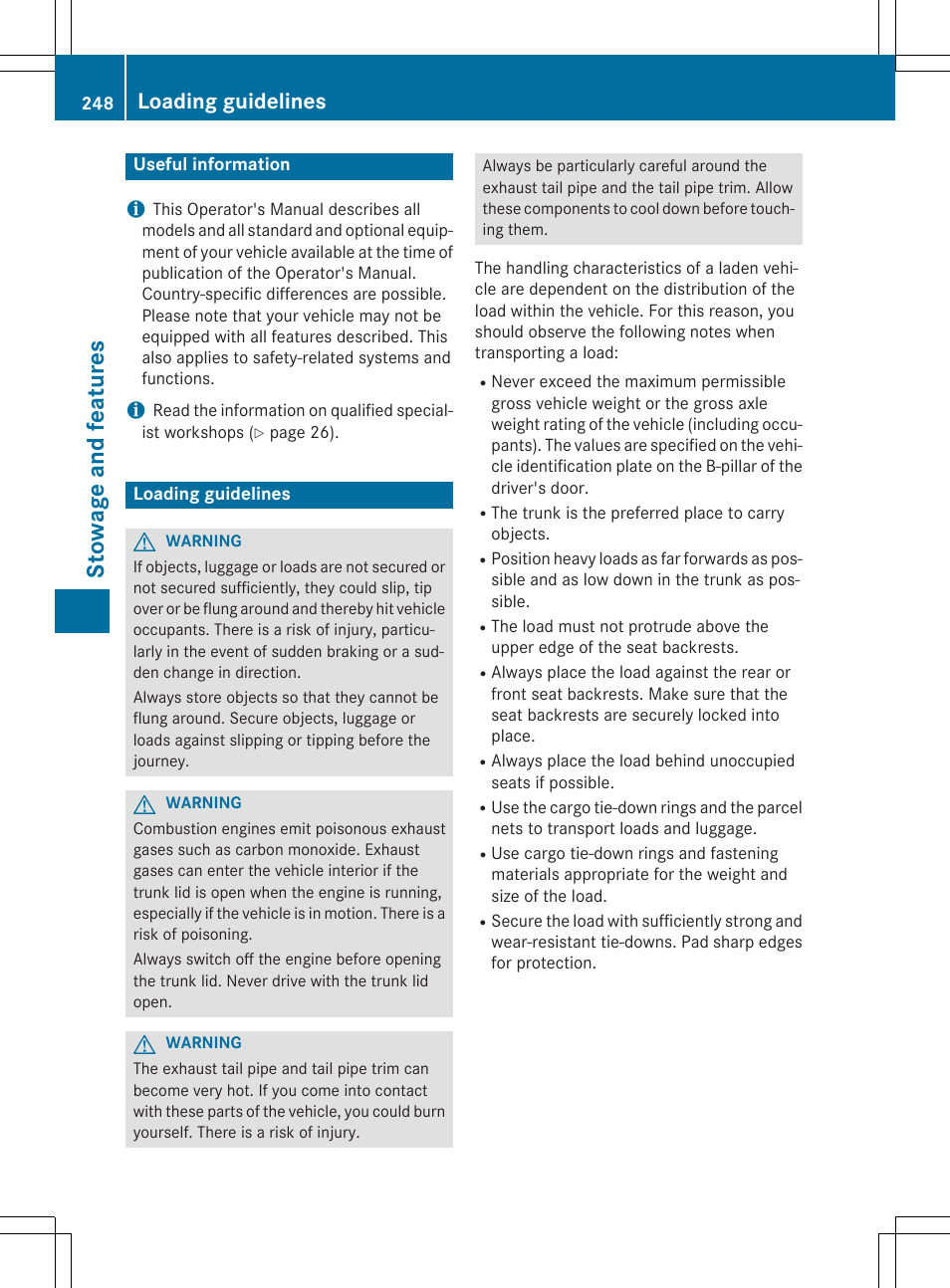 Stowage and feat ures, Loading guidelines | Mercedes-Benz C-Coupe 2015 Owners Manual User Manual | Page 250 / 354