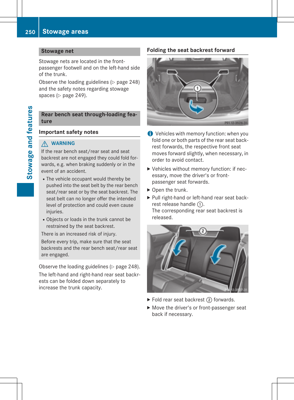 Stowage and features, Stowage areas | Mercedes-Benz C-Coupe 2015 Owners Manual User Manual | Page 252 / 354