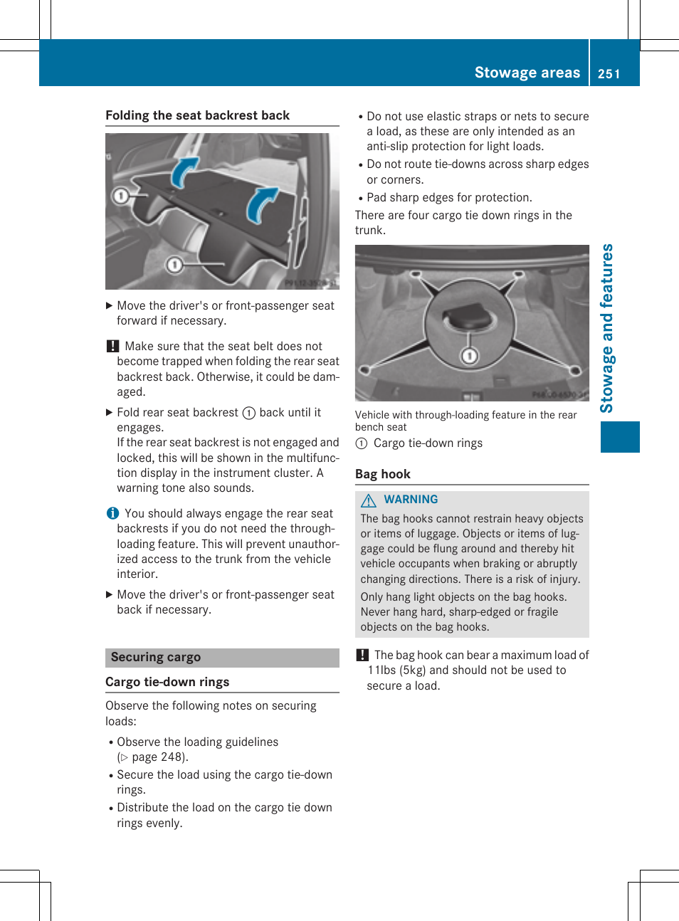 St owage and fea tu re s, Stowage areas | Mercedes-Benz C-Coupe 2015 Owners Manual User Manual | Page 253 / 354