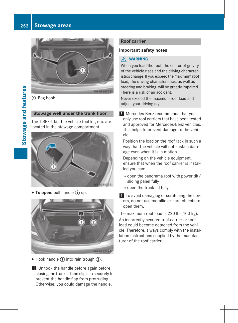 Stow age and feature s, Stowage areas | Mercedes-Benz C-Coupe 2015 Owners Manual User Manual | Page 254 / 354