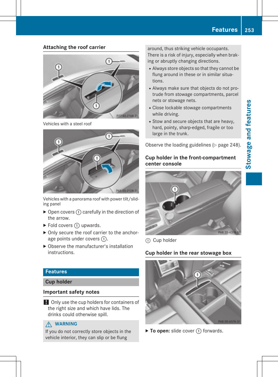 St owage and fea tu re s, Features | Mercedes-Benz C-Coupe 2015 Owners Manual User Manual | Page 255 / 354