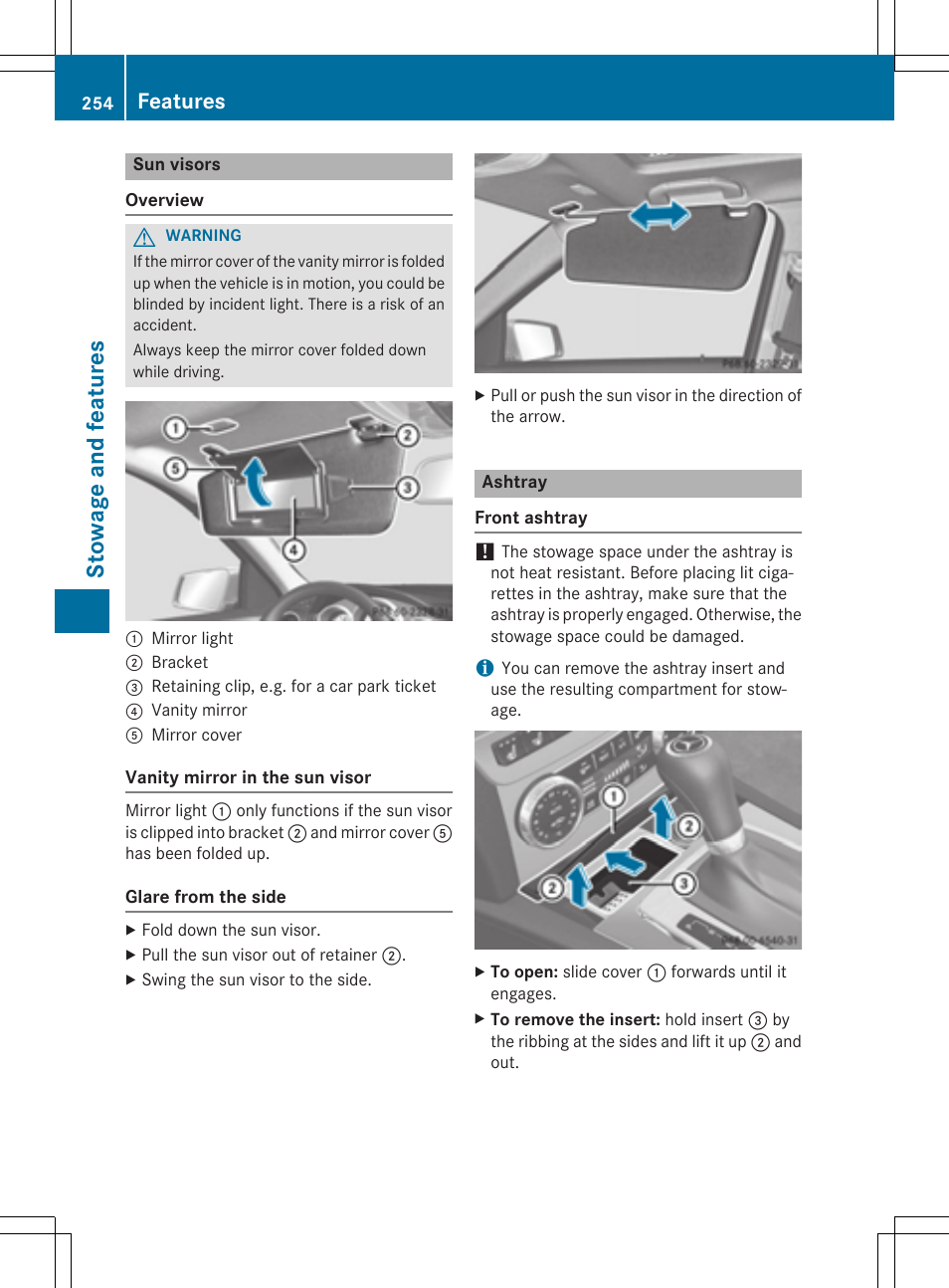 Stowage and features, Features | Mercedes-Benz C-Coupe 2015 Owners Manual User Manual | Page 256 / 354