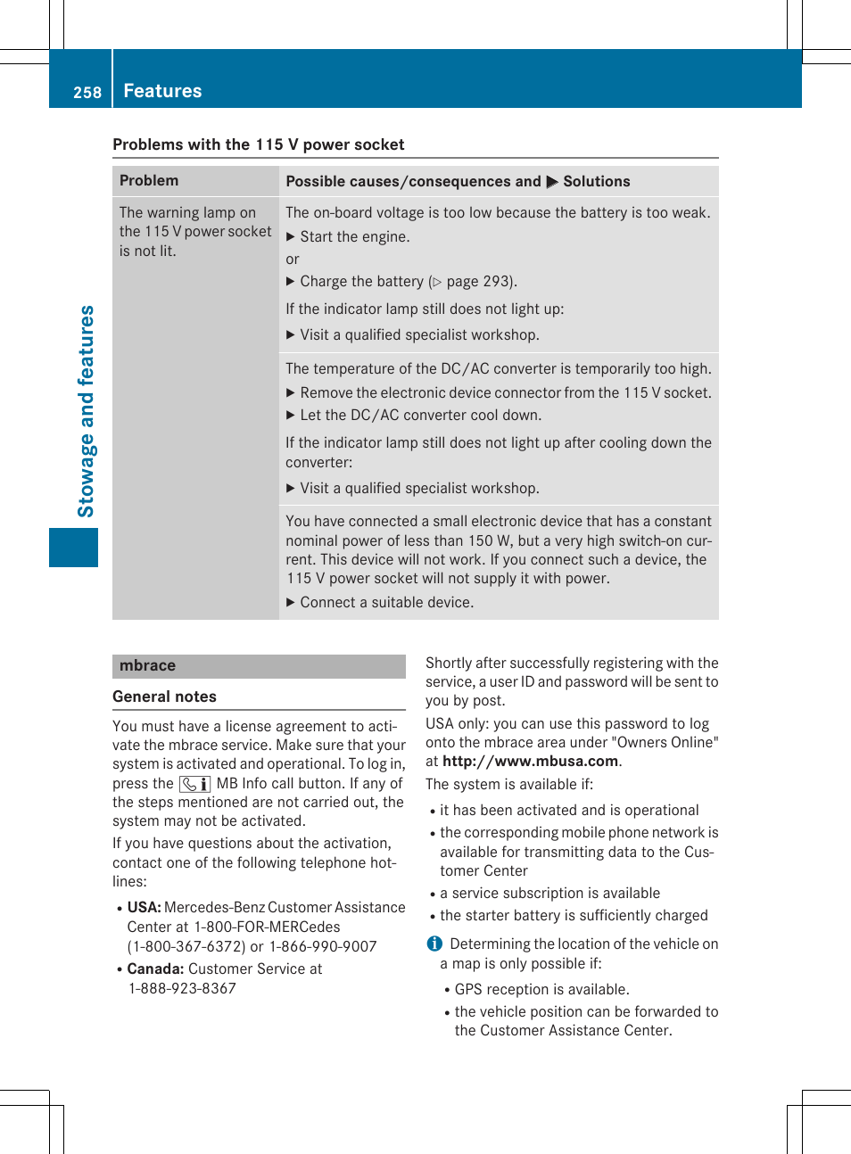 Stowage and feat ures, Features | Mercedes-Benz C-Coupe 2015 Owners Manual User Manual | Page 260 / 354