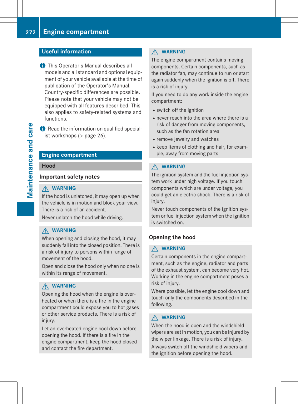 Maint enance and care, Engine compartment | Mercedes-Benz C-Coupe 2015 Owners Manual User Manual | Page 274 / 354