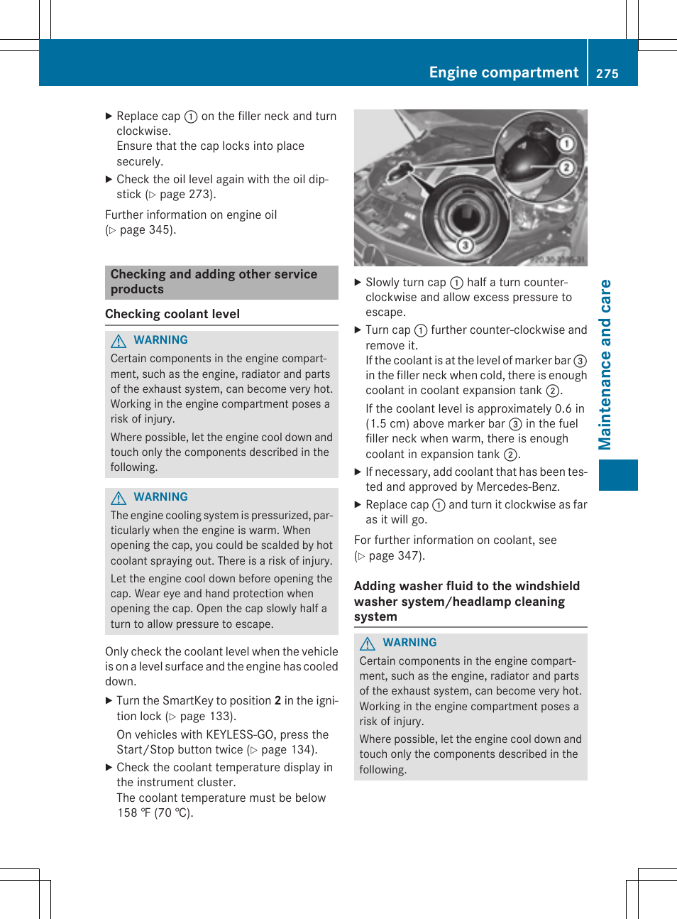 Ma int enan ce and car e, Engine compartment | Mercedes-Benz C-Coupe 2015 Owners Manual User Manual | Page 277 / 354