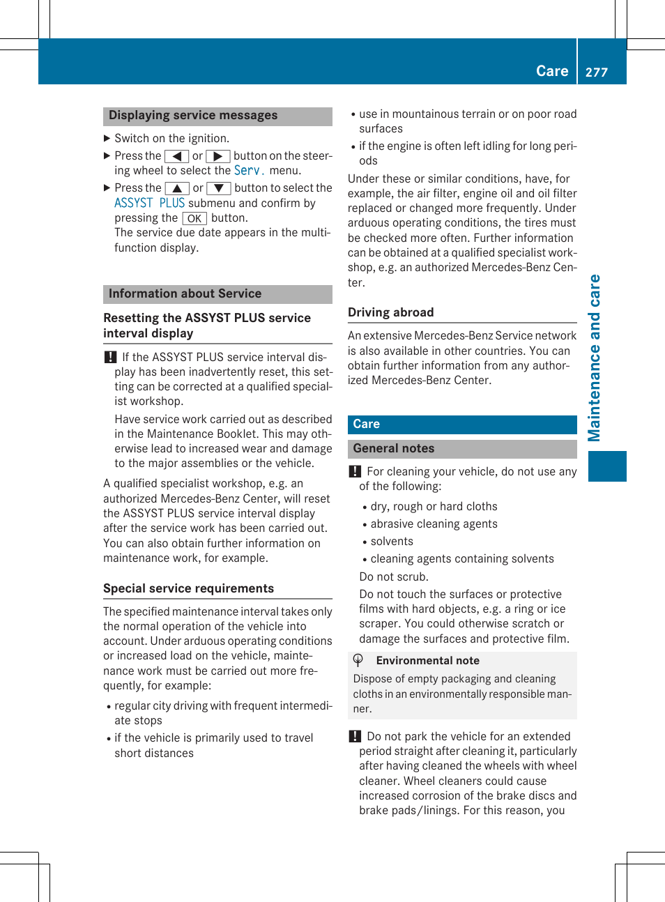 Ma int ena nce an d car e, Care | Mercedes-Benz C-Coupe 2015 Owners Manual User Manual | Page 279 / 354