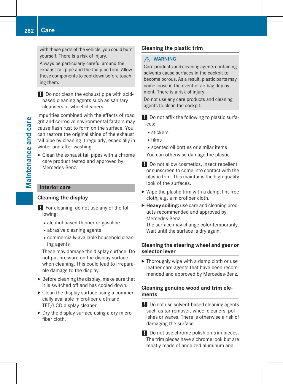 Maintena nce and car e, Care | Mercedes-Benz C-Coupe 2015 Owners Manual User Manual | Page 284 / 354