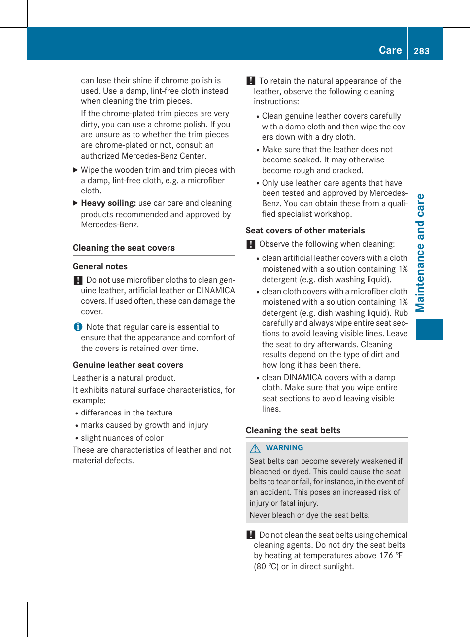 Main ten anc e and care, Care | Mercedes-Benz C-Coupe 2015 Owners Manual User Manual | Page 285 / 354