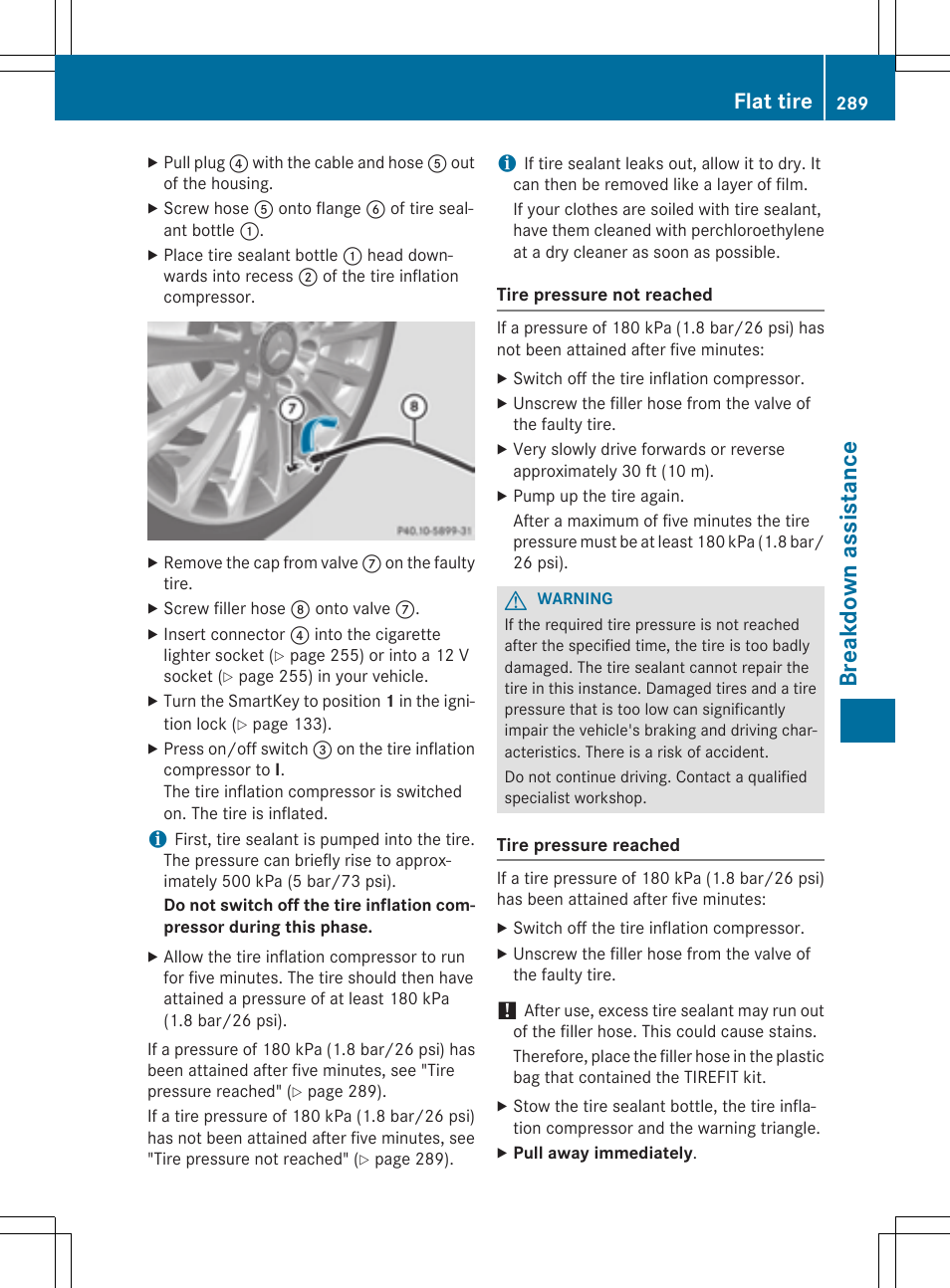 Breakdown assista nce, Flat tire | Mercedes-Benz C-Coupe 2015 Owners Manual User Manual | Page 291 / 354