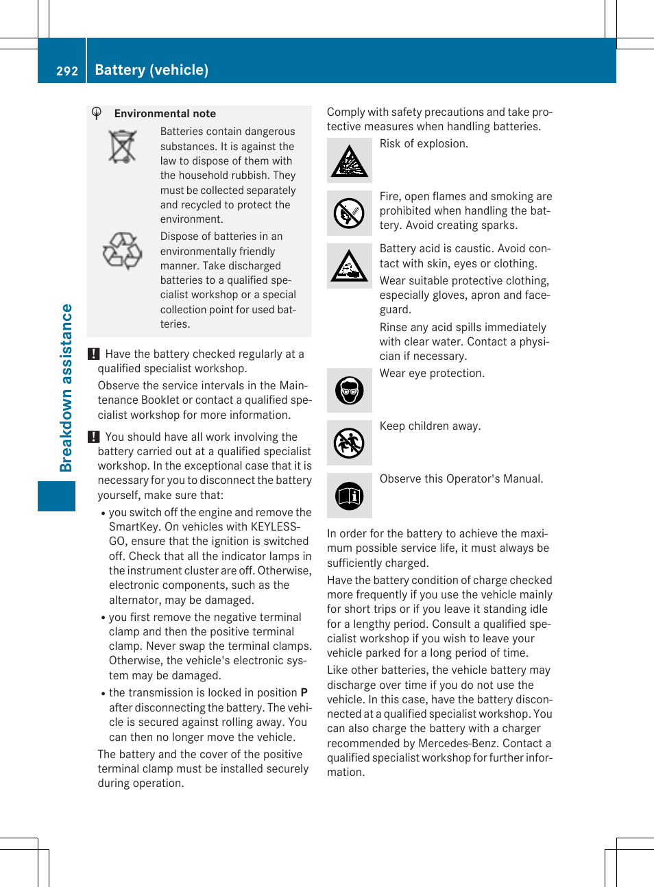 Br eak down assis ta nce, Battery (vehicle) | Mercedes-Benz C-Coupe 2015 Owners Manual User Manual | Page 294 / 354