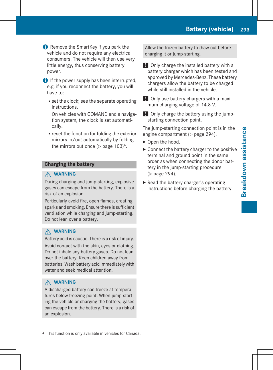 Br eak down ass ist ance, Battery (vehicle) | Mercedes-Benz C-Coupe 2015 Owners Manual User Manual | Page 295 / 354