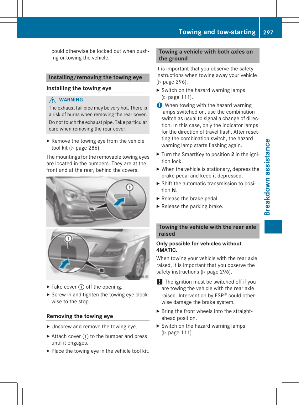 Breakdo wn ass istanc e, Towing and tow-starting | Mercedes-Benz C-Coupe 2015 Owners Manual User Manual | Page 299 / 354