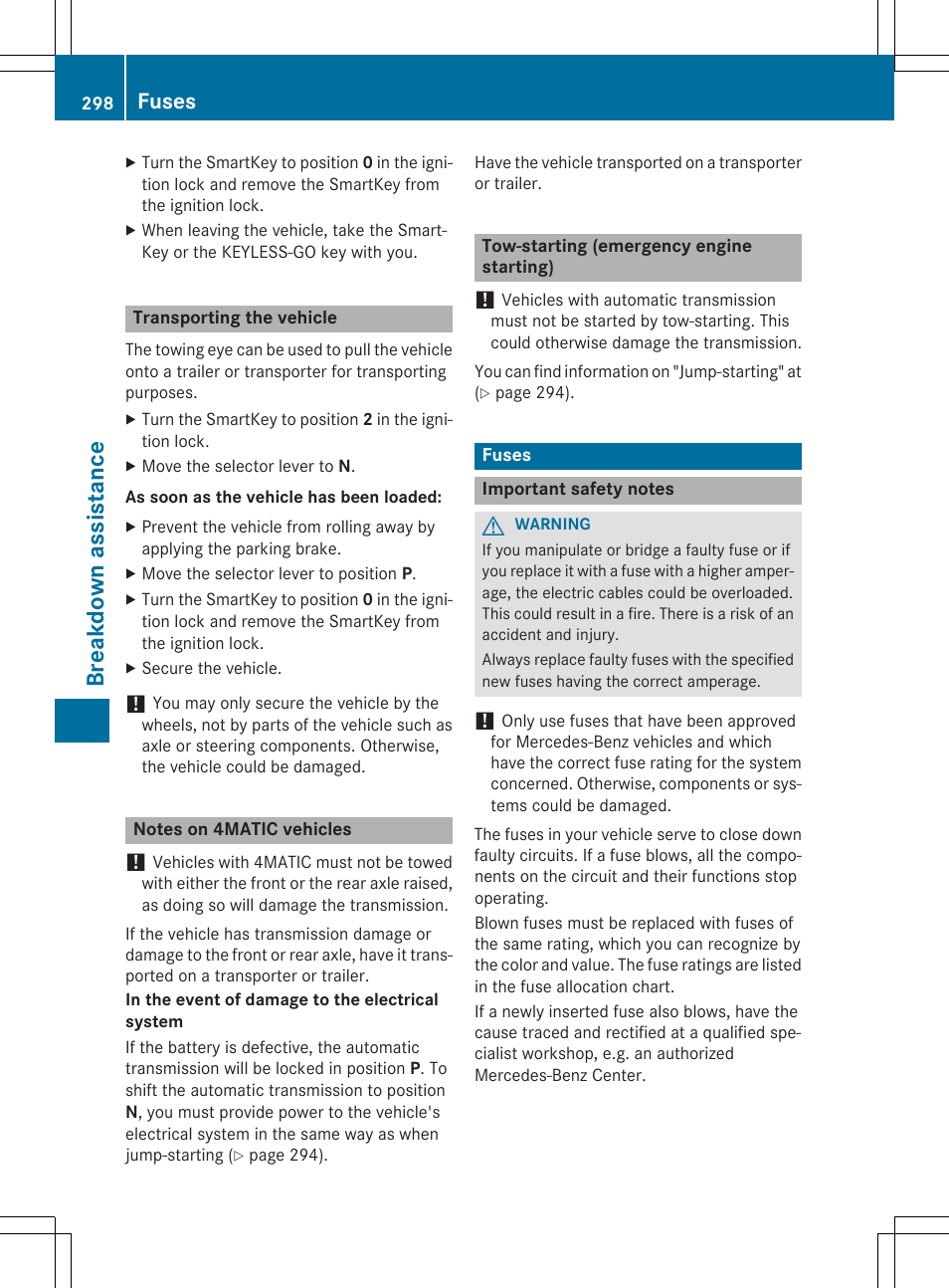 Breakdown assistance, Fuses | Mercedes-Benz C-Coupe 2015 Owners Manual User Manual | Page 300 / 354