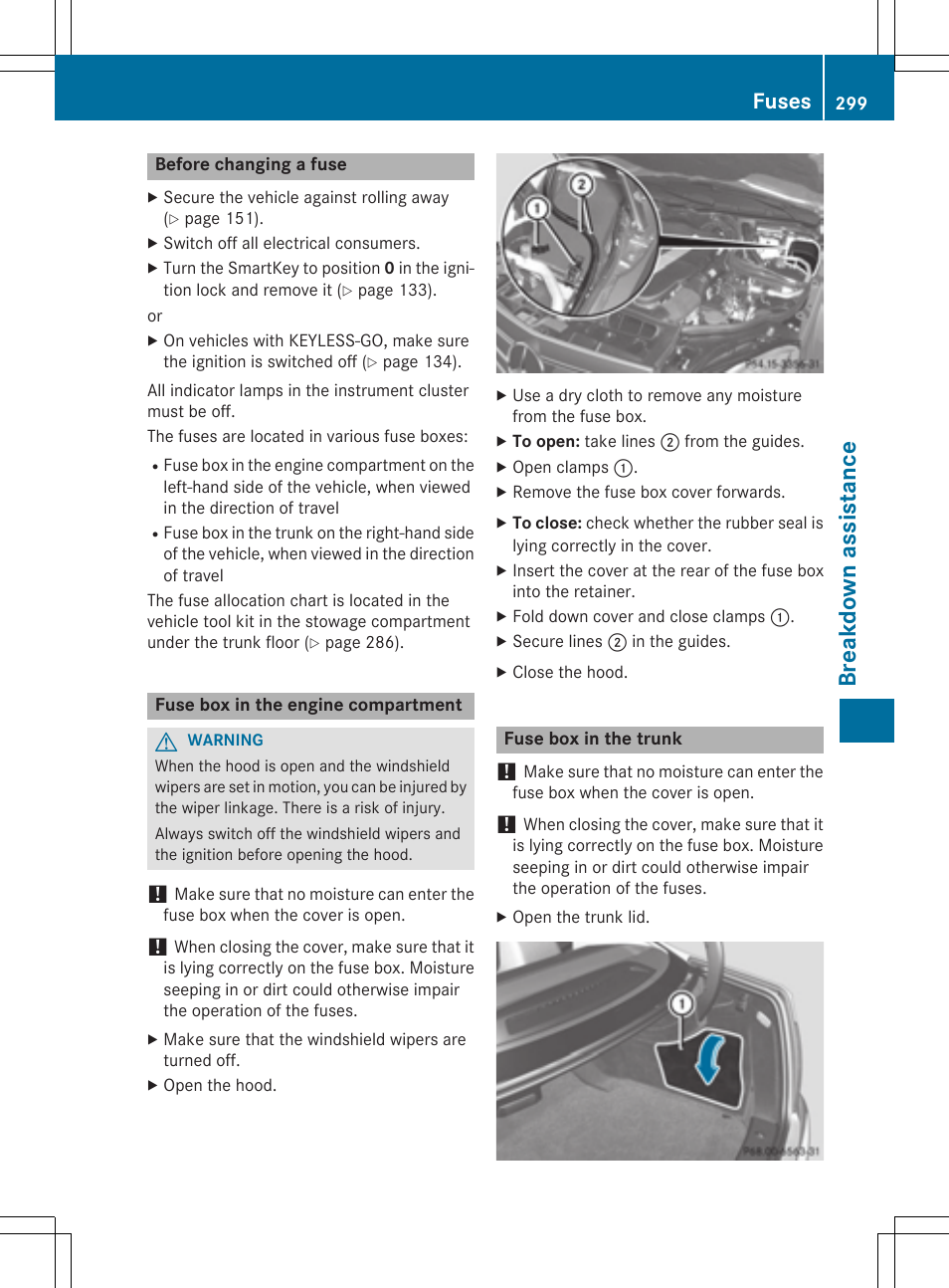 Breakdo wn as sis tan ce, Fuses | Mercedes-Benz C-Coupe 2015 Owners Manual User Manual | Page 301 / 354