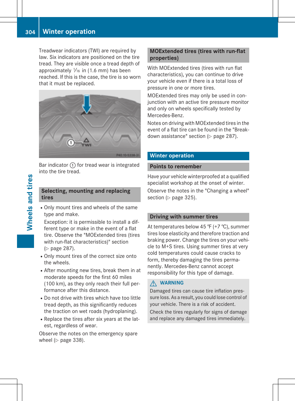 Whee ls and tires, Winter operation | Mercedes-Benz C-Coupe 2015 Owners Manual User Manual | Page 306 / 354