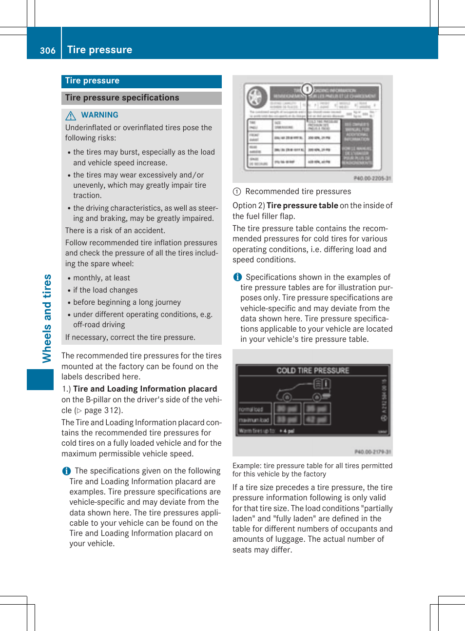 Whe el s and tire s, Tire pressure | Mercedes-Benz C-Coupe 2015 Owners Manual User Manual | Page 308 / 354