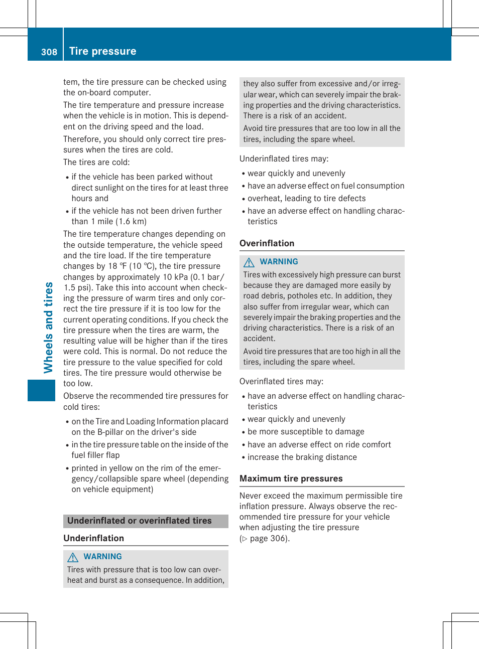 Whe el s and tire s, Tire pressure | Mercedes-Benz C-Coupe 2015 Owners Manual User Manual | Page 310 / 354