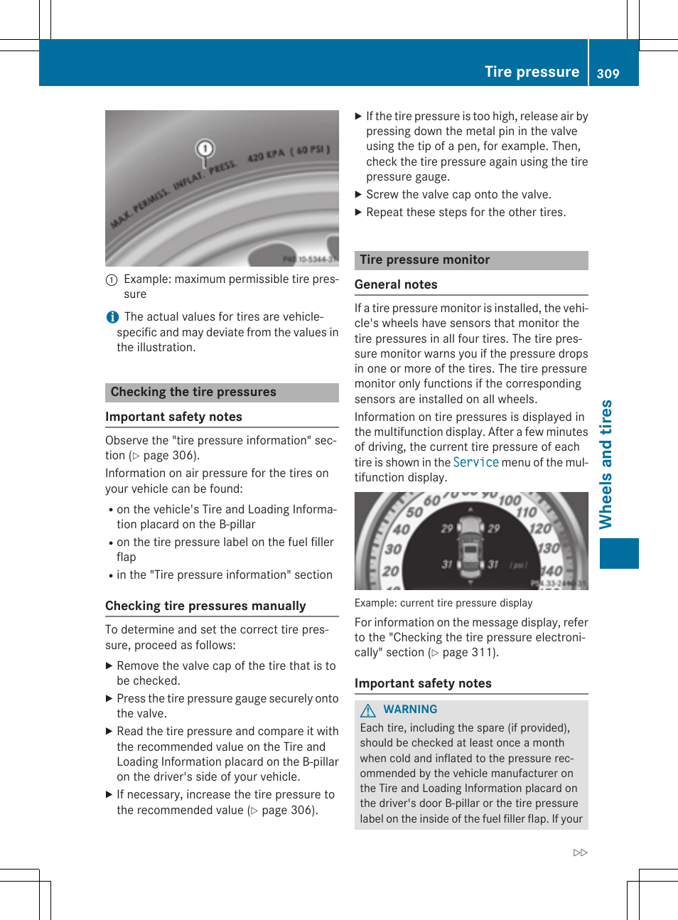 Whe el s and tire s, Tire pressure | Mercedes-Benz C-Coupe 2015 Owners Manual User Manual | Page 311 / 354