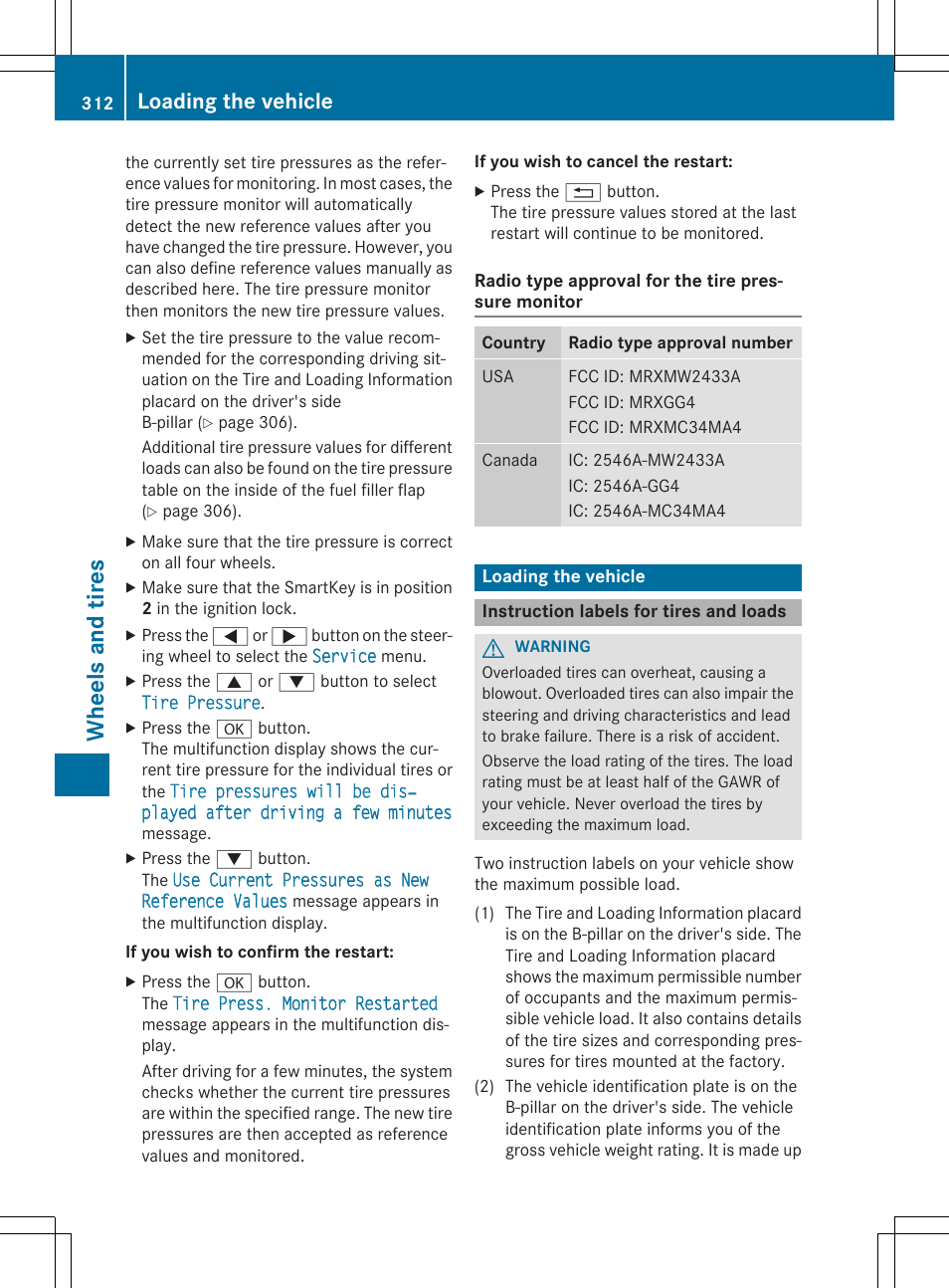 Whe el s and tire s, Loading the vehicle | Mercedes-Benz C-Coupe 2015 Owners Manual User Manual | Page 314 / 354