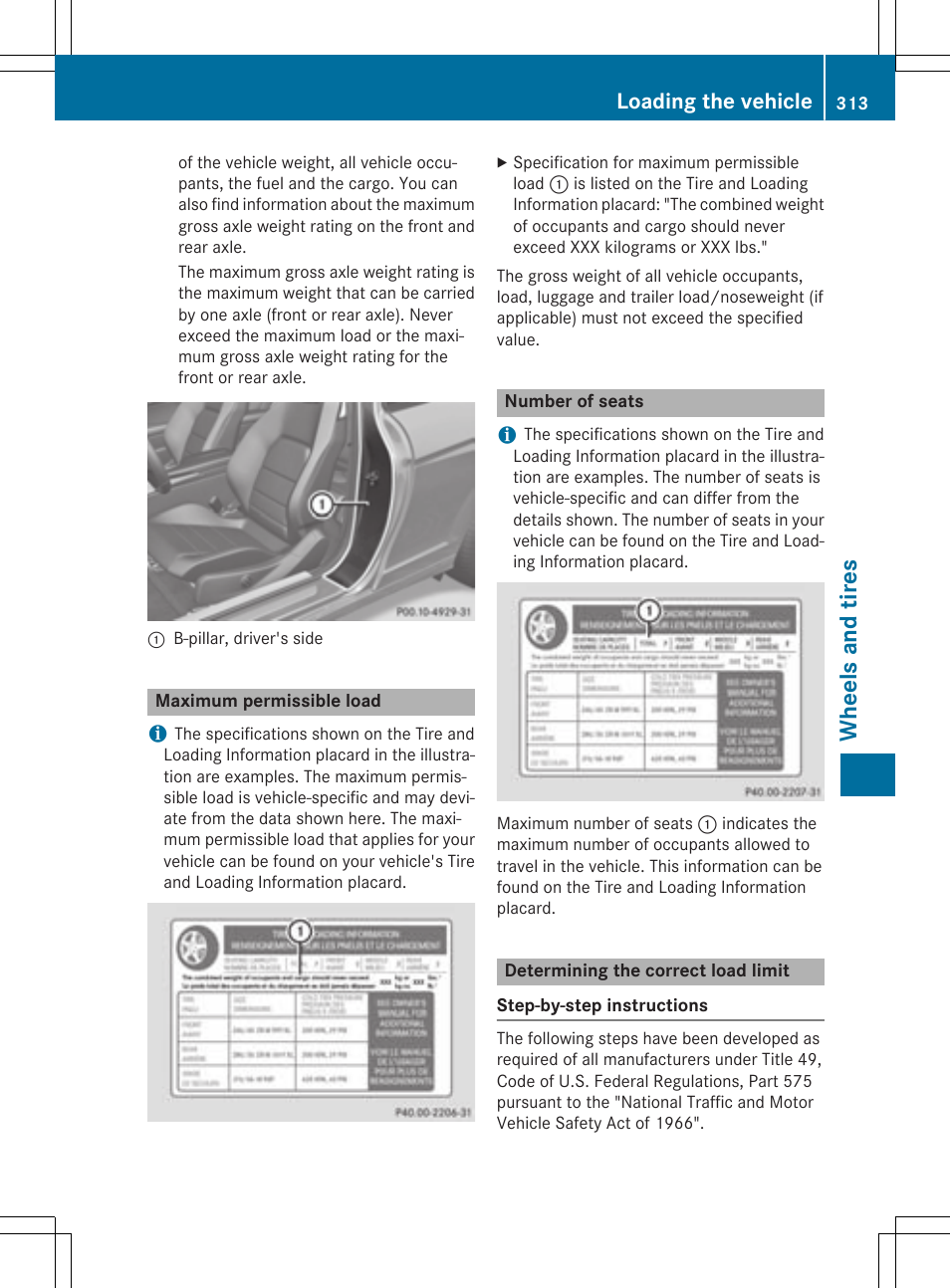 Wheels and tires, Loading the vehicle | Mercedes-Benz C-Coupe 2015 Owners Manual User Manual | Page 315 / 354