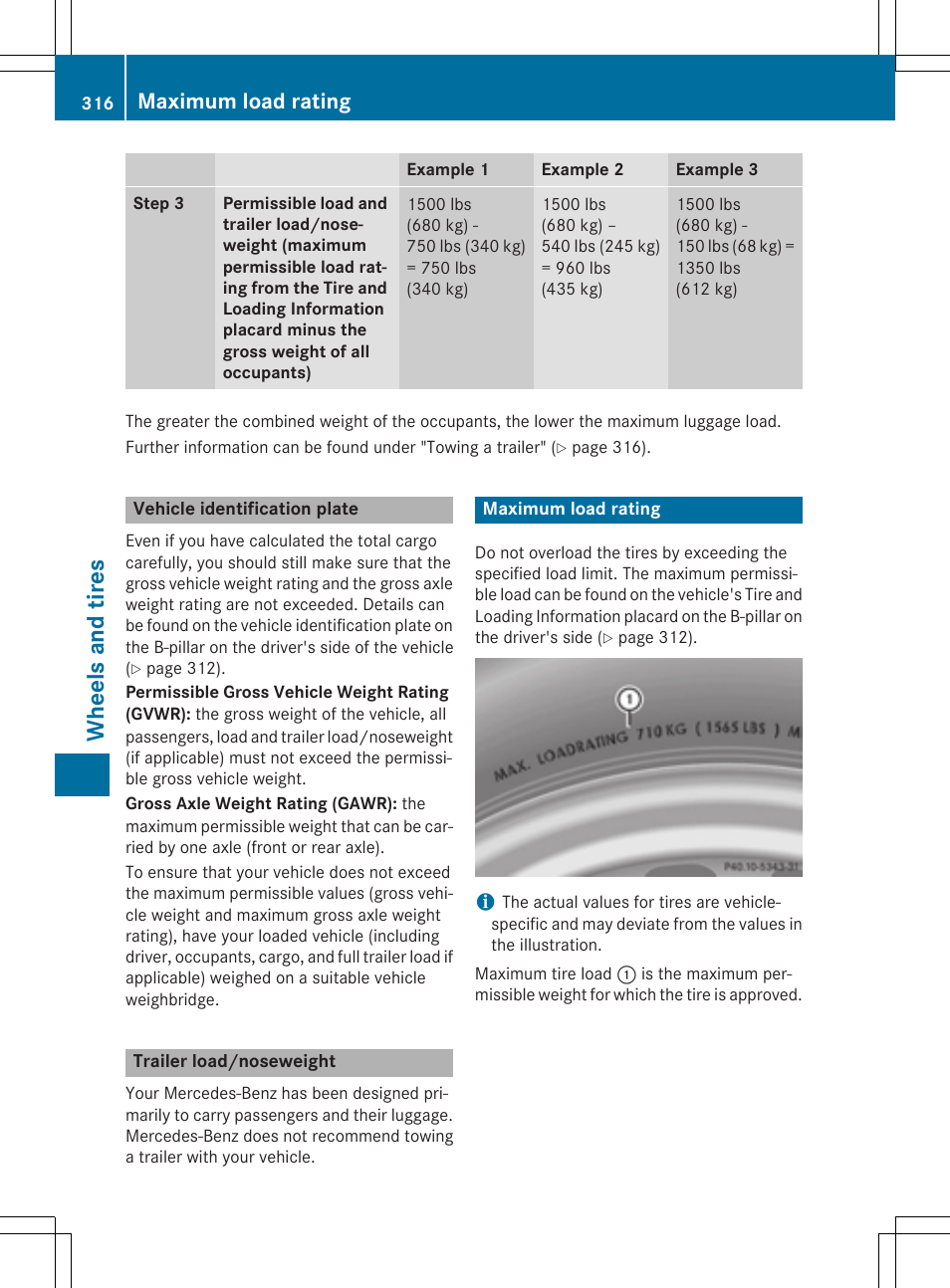 Wh eels and tir es, Maximum load rating | Mercedes-Benz C-Coupe 2015 Owners Manual User Manual | Page 318 / 354