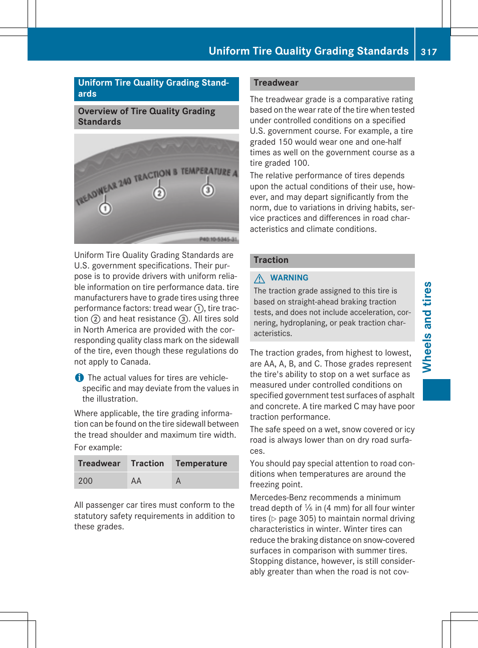 Wheels and tires, Uniform tire quality grading standards | Mercedes-Benz C-Coupe 2015 Owners Manual User Manual | Page 319 / 354