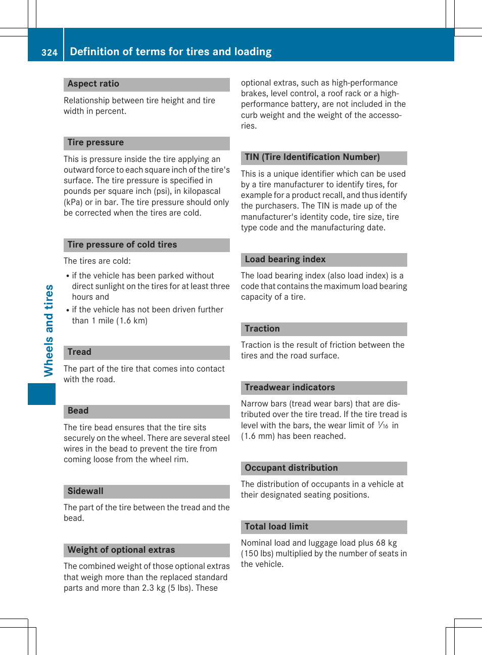 Whe els and tire s, Definition of terms for tires and loading | Mercedes-Benz C-Coupe 2015 Owners Manual User Manual | Page 326 / 354