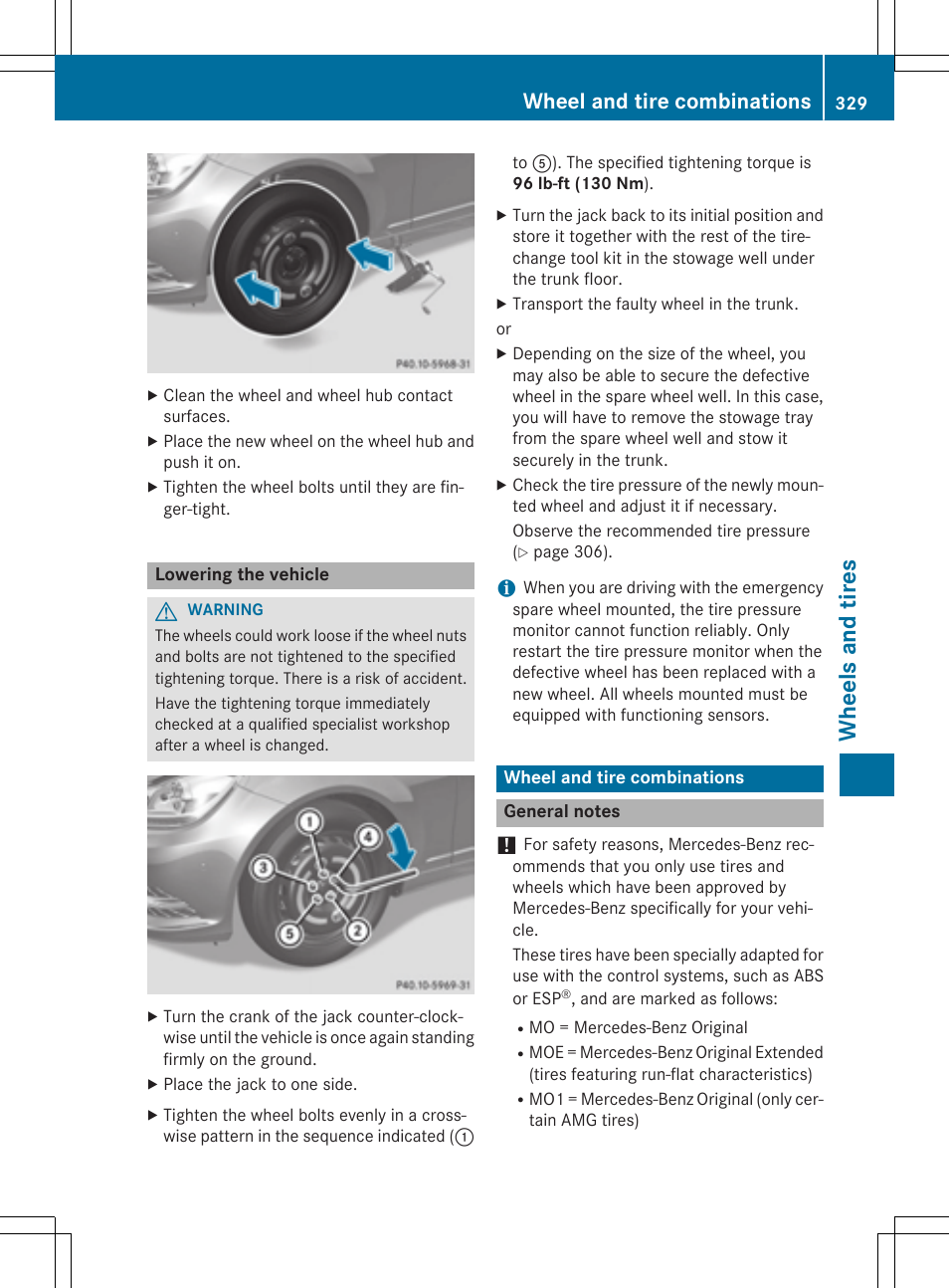 Wh eels and tire s, Wheel and tire combinations | Mercedes-Benz C-Coupe 2015 Owners Manual User Manual | Page 331 / 354