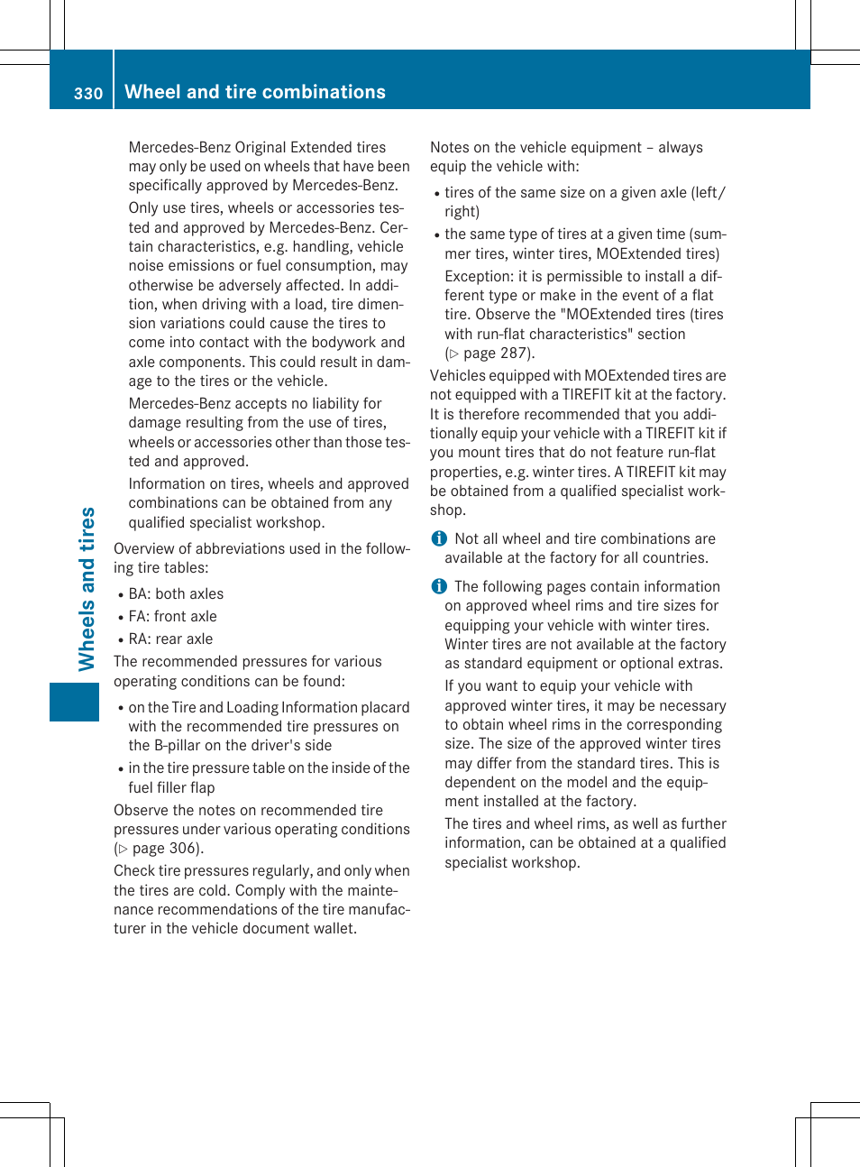 Wheels and tires, Wheel and tire combinations | Mercedes-Benz C-Coupe 2015 Owners Manual User Manual | Page 332 / 354