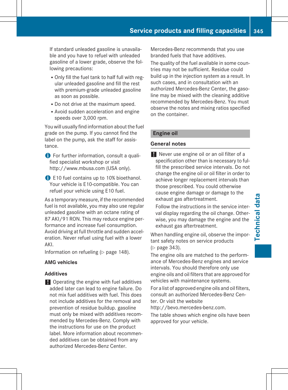 Technical data, Service products and filling capacities | Mercedes-Benz C-Coupe 2015 Owners Manual User Manual | Page 347 / 354