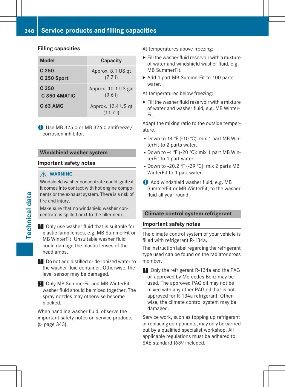 Technic al data, Service products and filling capacities | Mercedes-Benz C-Coupe 2015 Owners Manual User Manual | Page 350 / 354