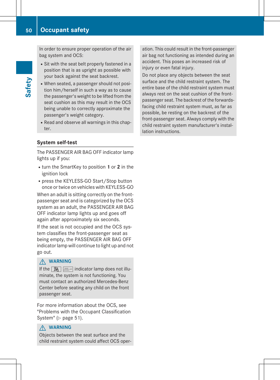 Saf ety, Occupant safety | Mercedes-Benz C-Coupe 2015 Owners Manual User Manual | Page 52 / 354