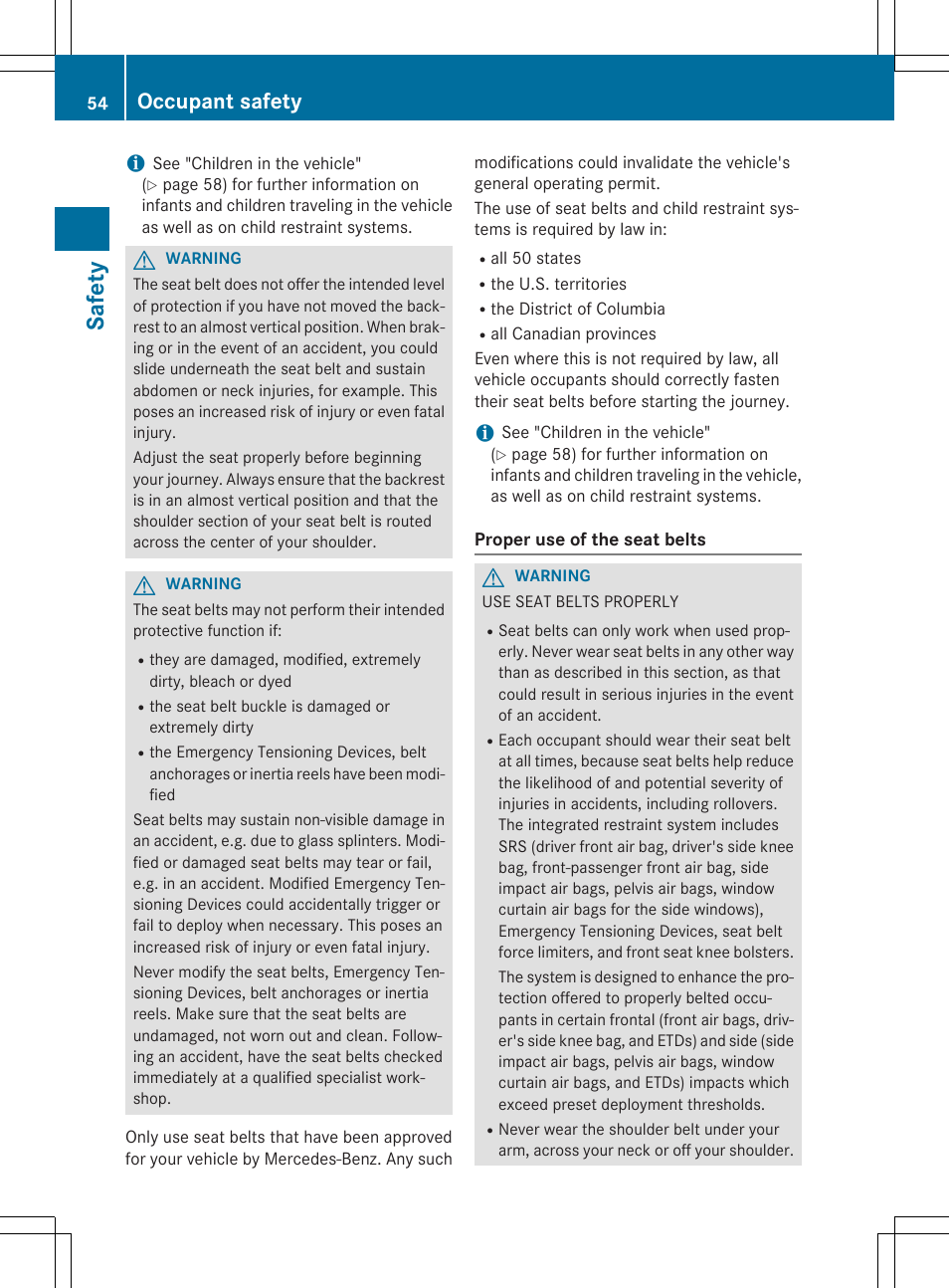 Safe ty, Occupant safety | Mercedes-Benz C-Coupe 2015 Owners Manual User Manual | Page 56 / 354