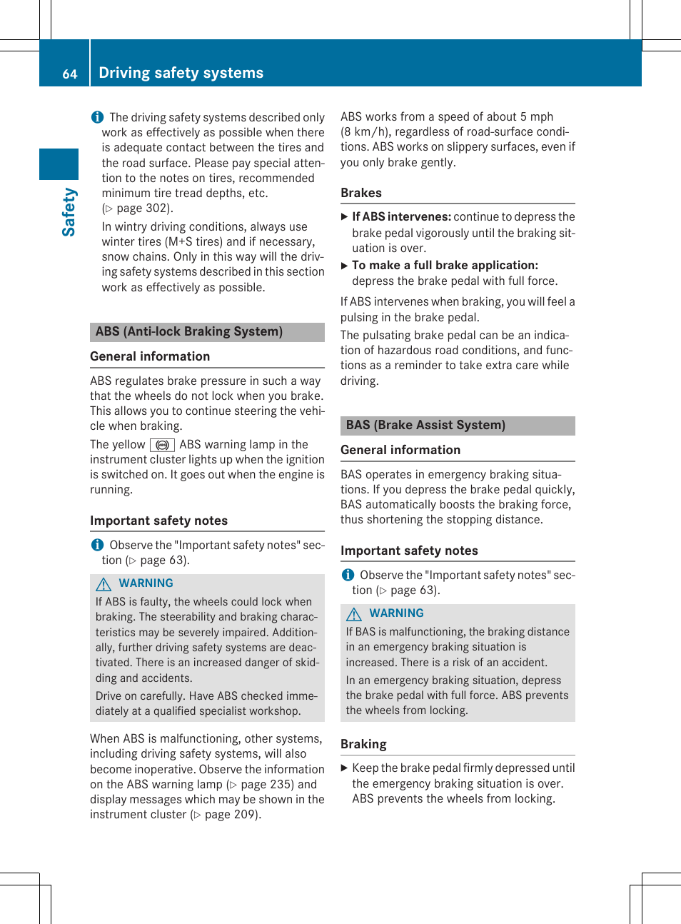 Saf ety, Driving safety systems | Mercedes-Benz C-Coupe 2015 Owners Manual User Manual | Page 66 / 354