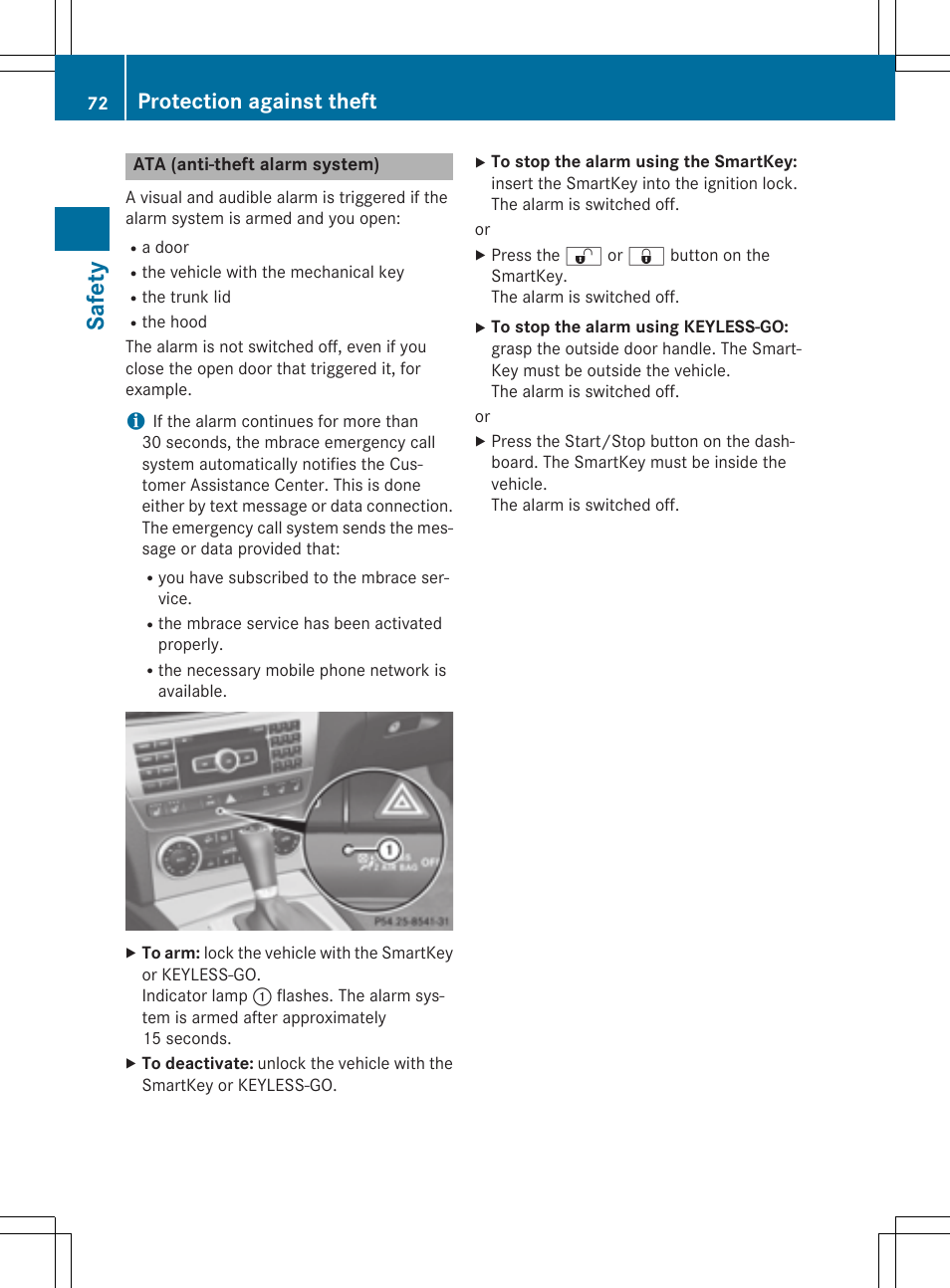 Sa fet y, Protection against theft | Mercedes-Benz C-Coupe 2015 Owners Manual User Manual | Page 74 / 354