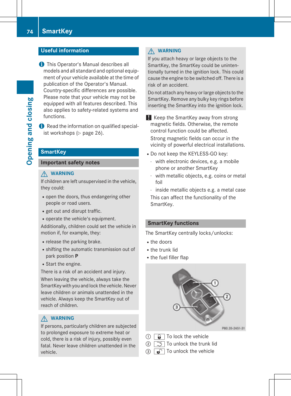 Opening and closing, Smartkey | Mercedes-Benz C-Coupe 2015 Owners Manual User Manual | Page 76 / 354