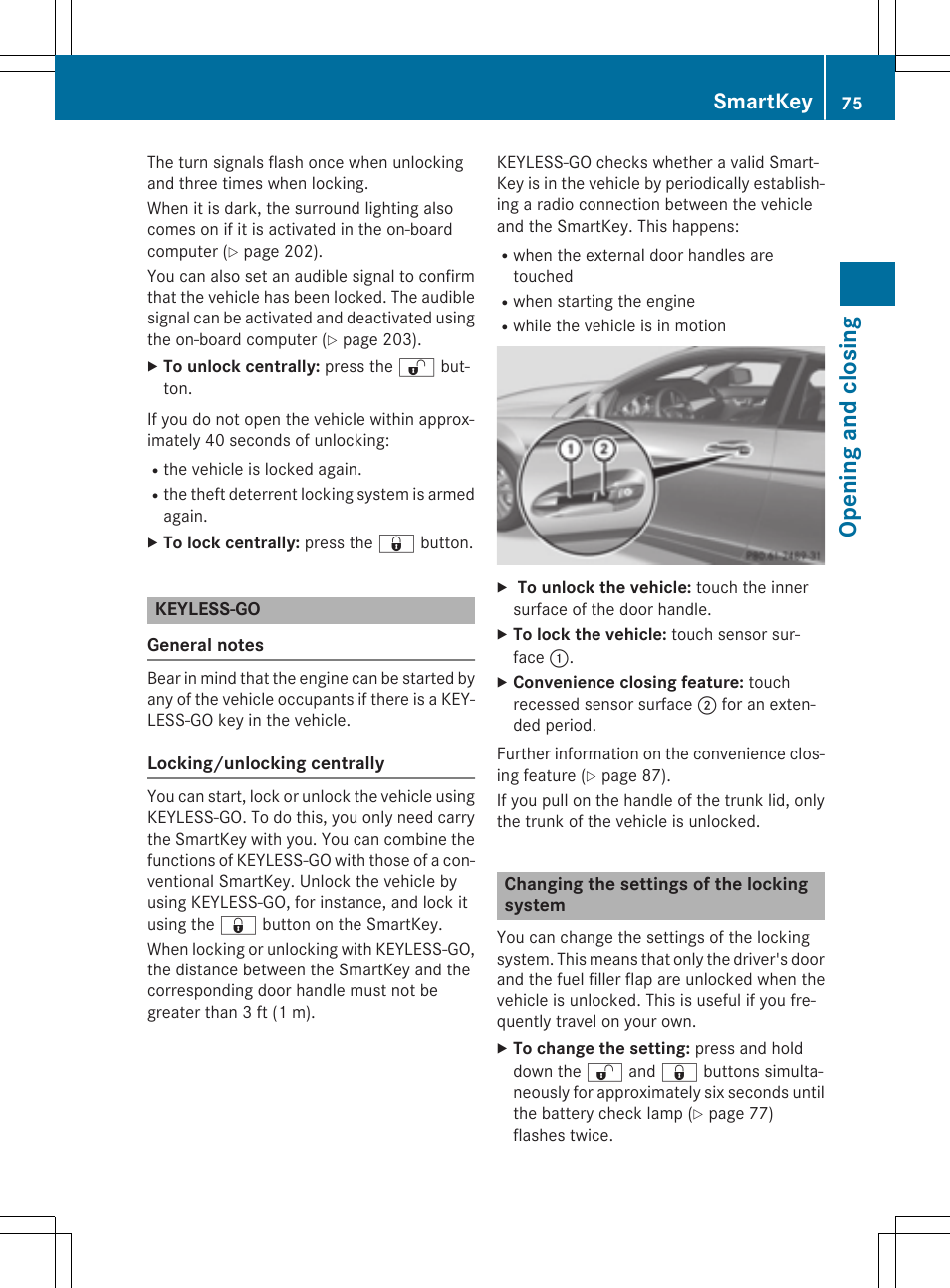 Opening and closing, Smartkey | Mercedes-Benz C-Coupe 2015 Owners Manual User Manual | Page 77 / 354