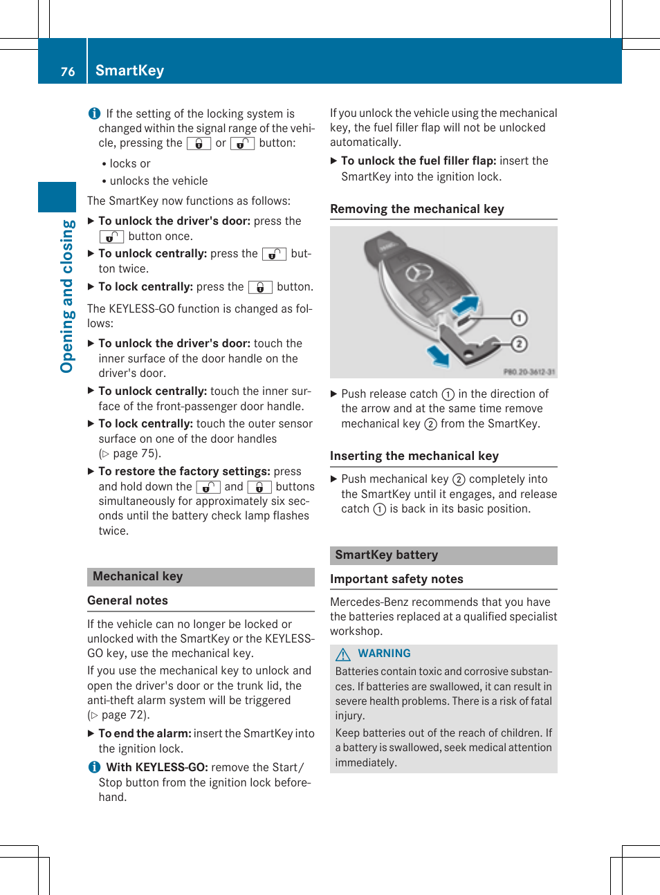 Opening and closing, Smartkey | Mercedes-Benz C-Coupe 2015 Owners Manual User Manual | Page 78 / 354