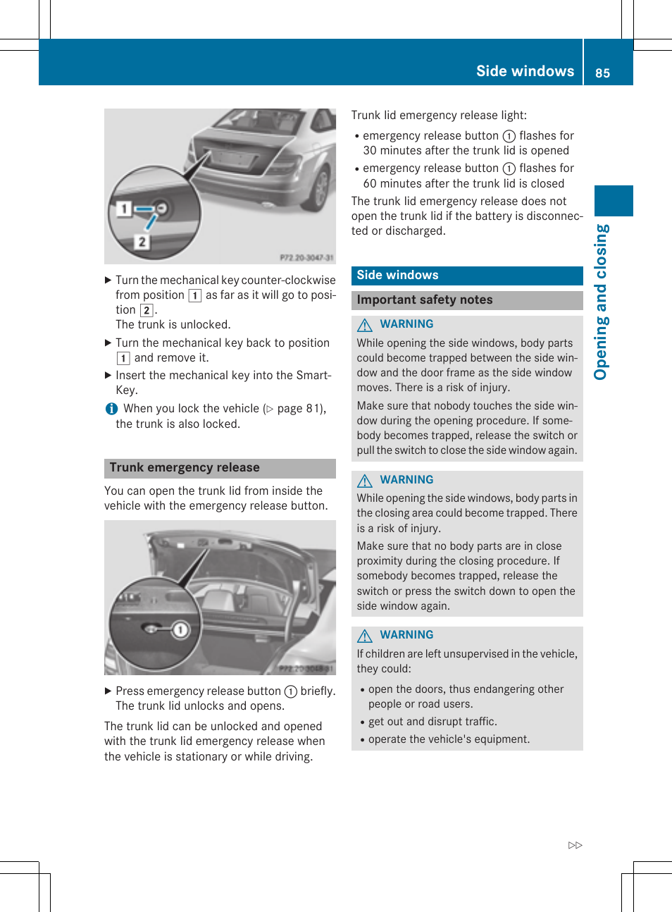 Opening and closing, Side windows | Mercedes-Benz C-Coupe 2015 Owners Manual User Manual | Page 87 / 354