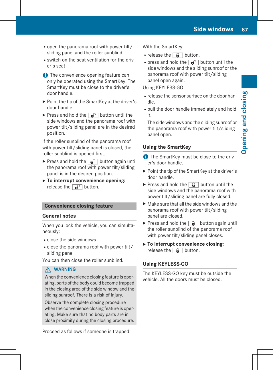 Opening and closing, Side windows | Mercedes-Benz C-Coupe 2015 Owners Manual User Manual | Page 89 / 354