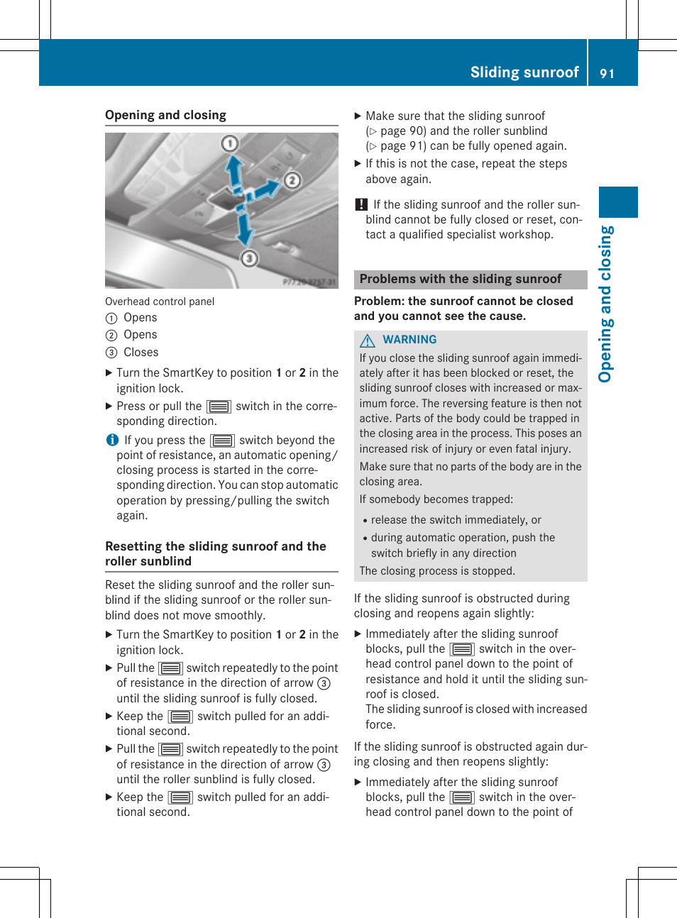 Opening and closi ng, Sliding sunroof | Mercedes-Benz C-Coupe 2015 Owners Manual User Manual | Page 93 / 354