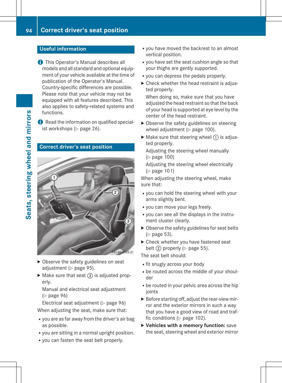 Seat s, steer ing wheel and mirrors, Correct driver's seat position | Mercedes-Benz C-Coupe 2015 Owners Manual User Manual | Page 96 / 354