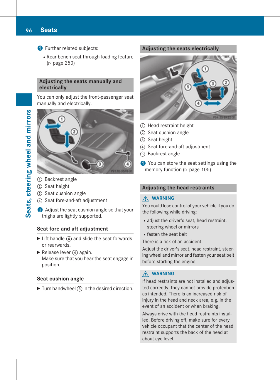 Seats, stee ring whe el and mirrors, Seats | Mercedes-Benz C-Coupe 2015 Owners Manual User Manual | Page 98 / 354