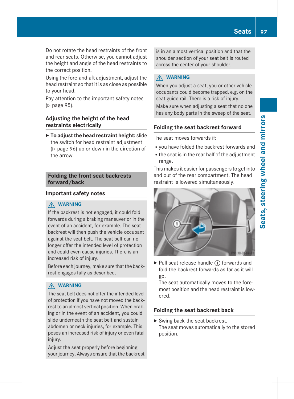 Se ats, ste eri ng whe el an d mirro rs, Seats | Mercedes-Benz C-Coupe 2015 Owners Manual User Manual | Page 99 / 354