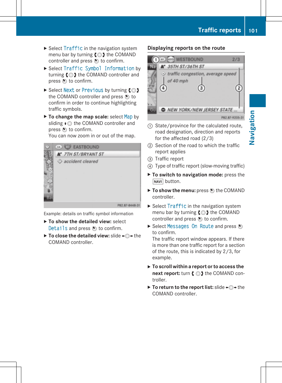 Navi gati on, Traffic reports | Mercedes-Benz CLA-Class 2014 COMAND Manual User Manual | Page 103 / 270