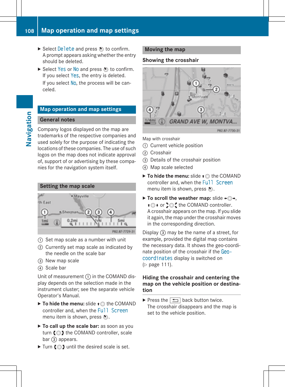 Navig atio n, Map operation and map settings | Mercedes-Benz CLA-Class 2014 COMAND Manual User Manual | Page 110 / 270