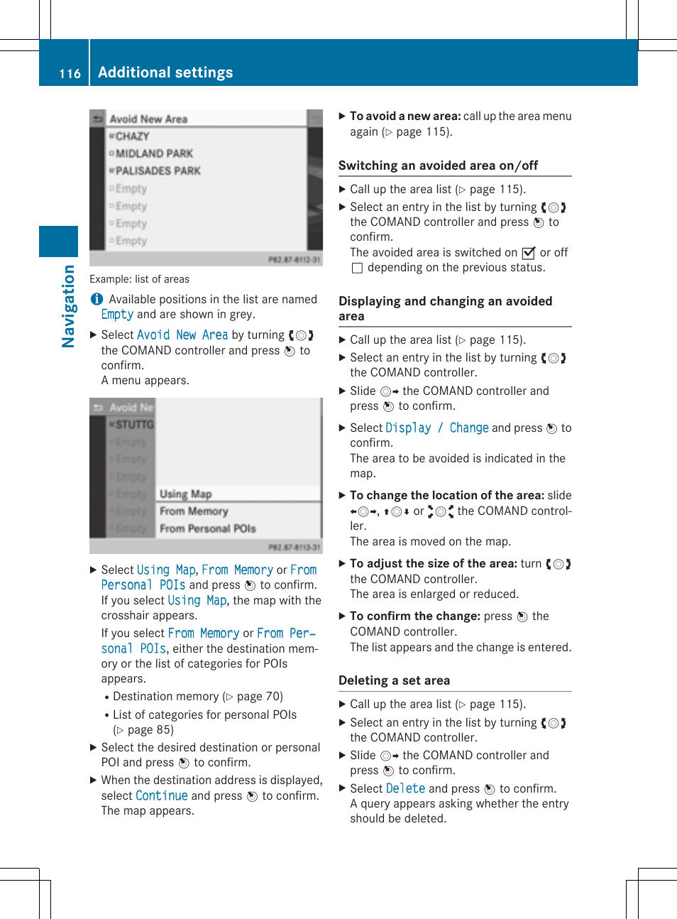 Navi gati on, Additional settings | Mercedes-Benz CLA-Class 2014 COMAND Manual User Manual | Page 118 / 270