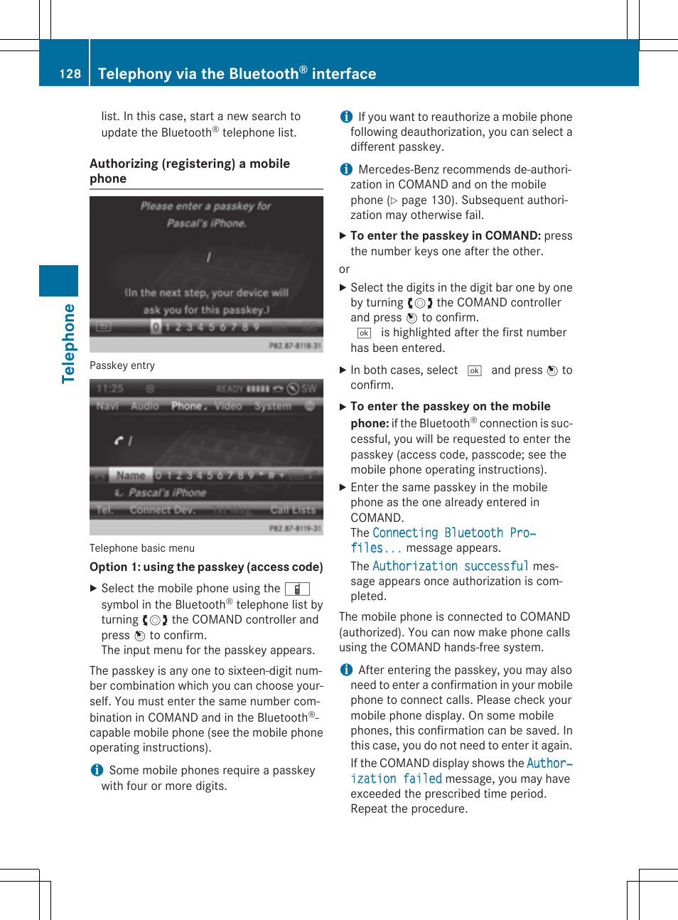 Telep hone, Telephony via the bluetooth, Interface | Mercedes-Benz CLA-Class 2014 COMAND Manual User Manual | Page 130 / 270